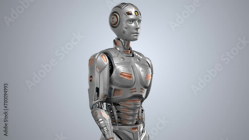 Futuristic robot man walk cycle or humanoid cyborg walking in loop. 3d rendering animation of the upper body. Front side view isolated on color background with alpha
