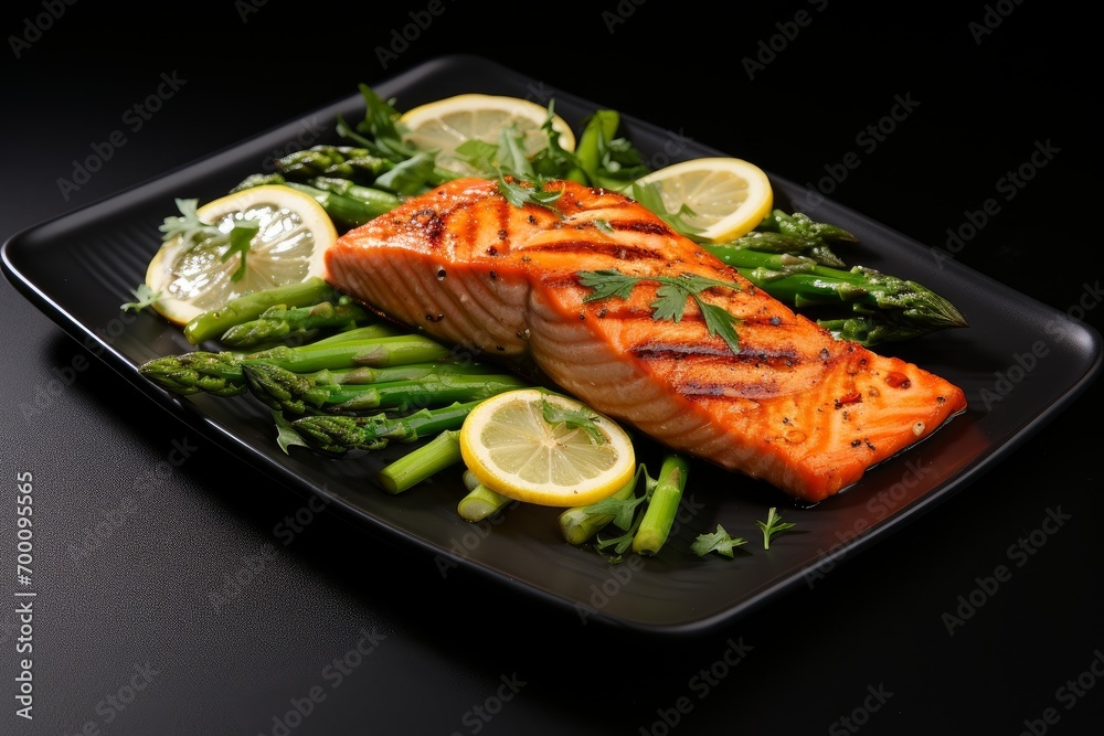 Photo of a plate of grilled salmon with steamed asparagus. Generative AI