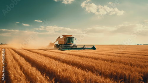 A farmer in a hat walks to a combine harvester working in a golden wheat field with high furrows. Agriculture. Growing wholesome organic produce. Harvest of wheat and barley. Rural landscape