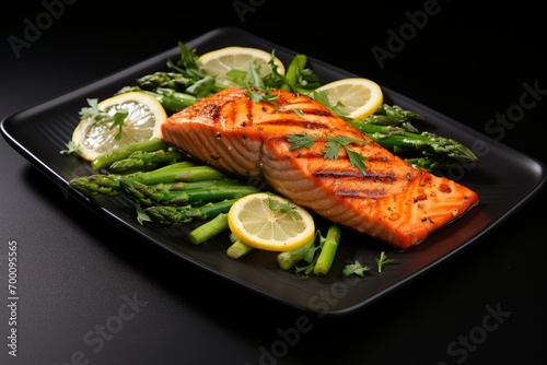 Photo of a plate of grilled salmon with steamed asparagus. Generative AI