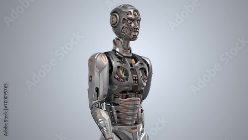 Futuristic robot man walk cycle or humanoid cyborg walking in loop. 3d rendering animation of the upper body. Front side view isolated on color background with alpha