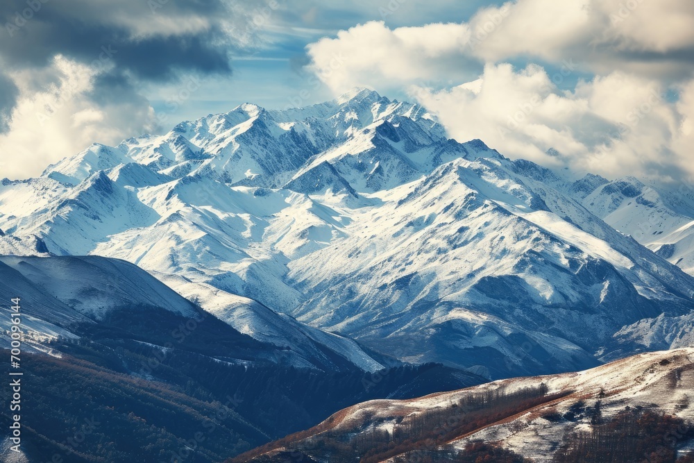 Majestic mountain landscape with snow-capped peaks.