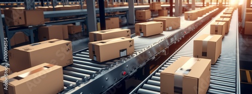 Many packages are transported on a conveyor belt for delivery photo