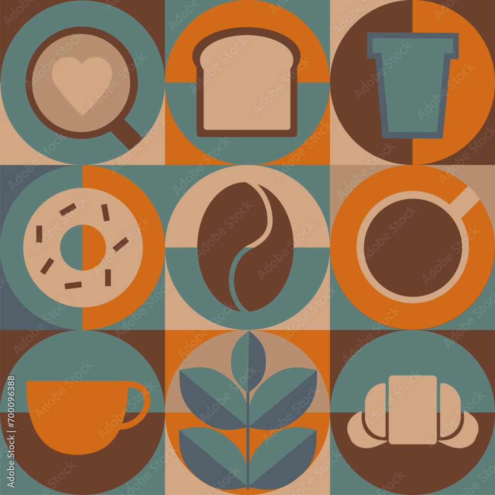 Pattern with coffee theme in geometric minimalistic style. Print with abstract shapes. Illustration for cover design, food package, menu, background Pattern with coffee theme in geometric minimalistic style. Print with abstract shapes. Illustration for cover design, food package, menu, background