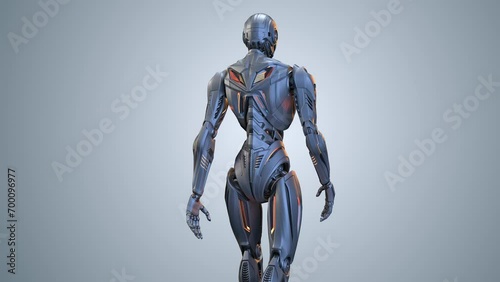 Futuristic robot man walk cycle or humanoid cyborg walking in loop. 3d rendering animation of the upper body. Back side view isolated on color background with alpha