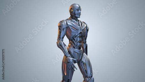 Futuristic robot man walk cycle or humanoid cyborg walking in loop. 3d rendering animation of the upper body. Front side view isolated on color background with alpha