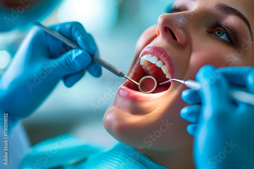 Patient receiving dental examination or treatment from a dentist using a mirror and probe. Shallow field of view.
 photo