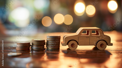 wooden car in profile with stacked coins