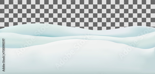 Snow landscape isolated on dark transparent background. Empty snowbanks field decoration with frozen hills. Winter snowdrifts vector illustration.
