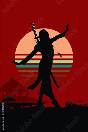 Original vector illustration. The silhouette of a girl with a katana on her back, against the background of the sunset.