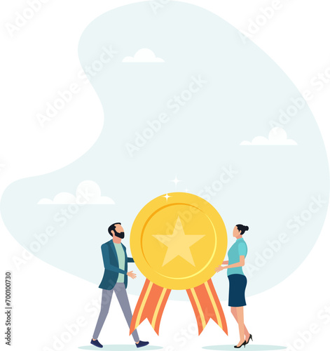 Employee recognition, success award or star performer of the month. Certificate concept, businessman boss giving gold star to winning employee.
