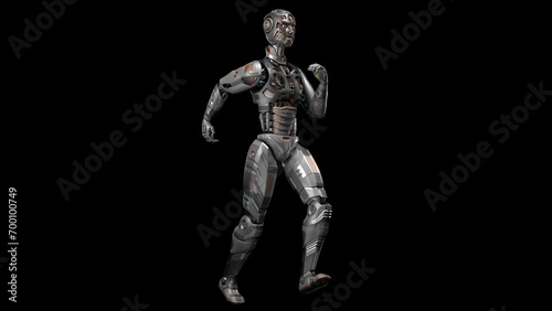 Futuristic robot man run cycle or humanoid cyborg running in loop. 3d rendering animation of the whole body. Front side view isolated on black background with alpha