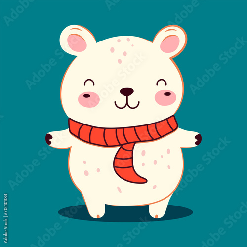 Cute cartoon white polar bear wearing red scarf. Arctic animal character. Flat design. Vector print. Christmas greeting card, kids cards for birthday poster, invitation or banner