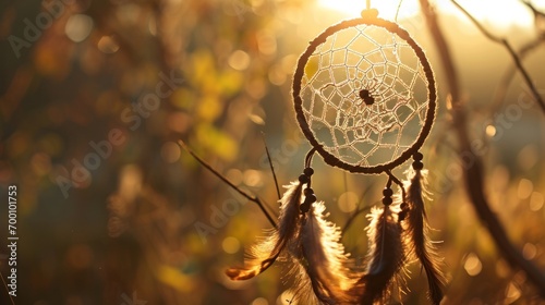 A small dream catcher hanging from a tree branch in the sun, AI