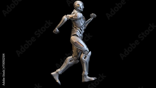 Futuristic robot man run cycle or humanoid cyborg running in loop. 3d rendering animation of the whole body. Side view isolated on black background with alpha