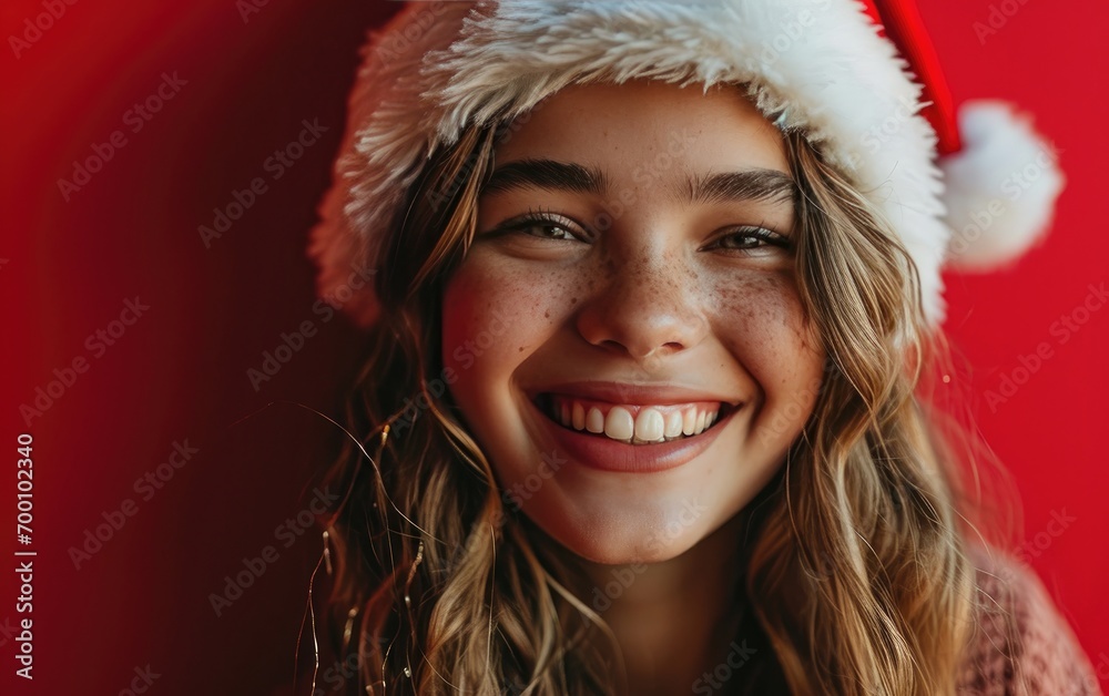 happy smiling girl with Santa hat in Christmas background happy smiling girl with Santa hat in Christmas background