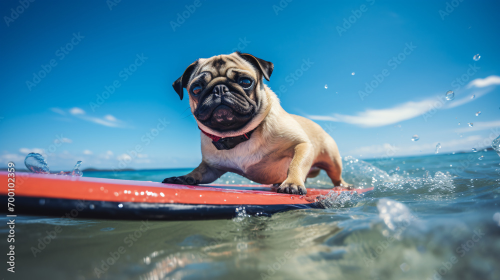 A funny pug lying on a surfboard in sea water
