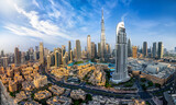Panoramic view of the downtown Business Bay district skyline of Dubai, UAE, during sunrise