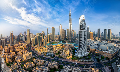 Panoramic view of the downtown Business Bay district skyline of Dubai, UAE, during sunrise