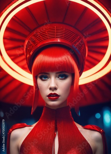 A beautiful redhead female pop artist all red sleek futuristic outfit, with huge headpiece center piece, clean makeup. 
