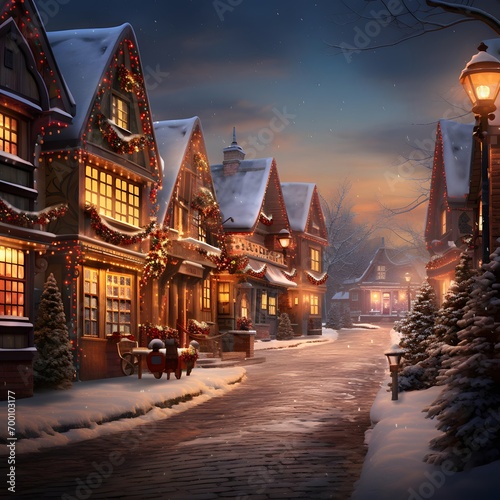 A winter night in a small village with houses and street lights.