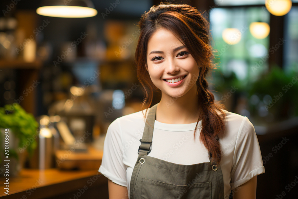 Asia woman smile is barista at coffee shop.  Generate Ai