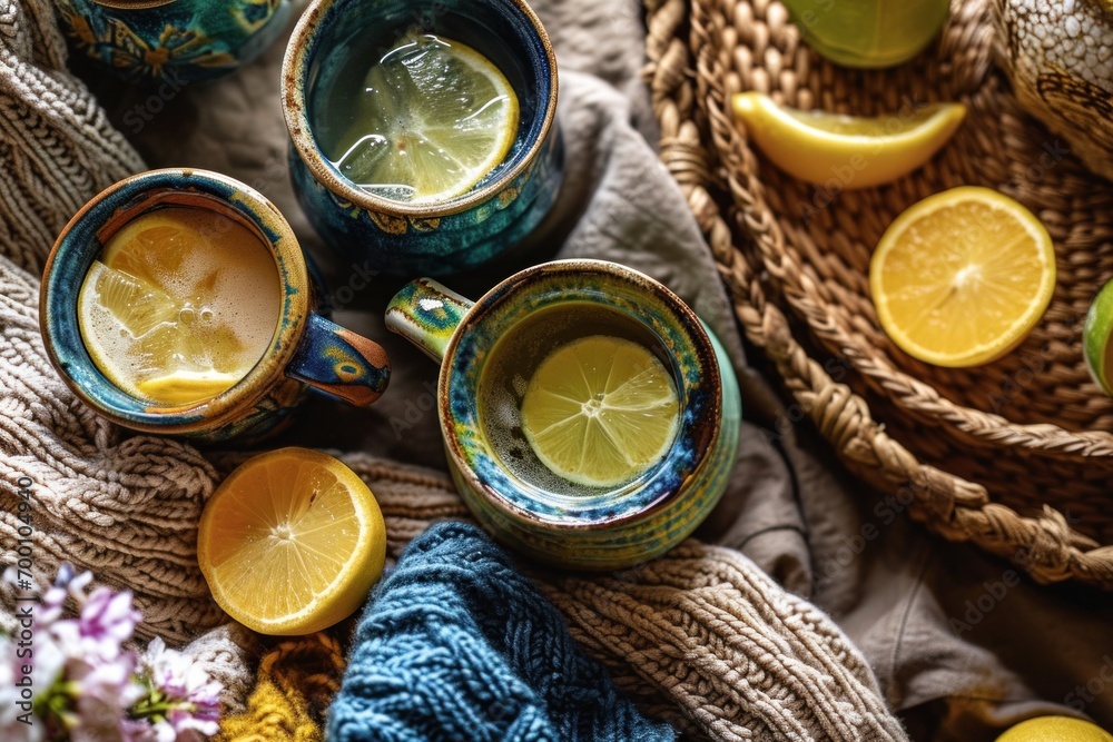 A cozy tea time arrangement with ceramic mugs filled with lemon tea, surrounded by a warm knitted blanket and fresh citrus slices, inviting a sense of comfort and warmth.