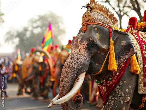 A majestic elephant ornately decorated participating in a cultural festival, adorned with traditional regalia. photo