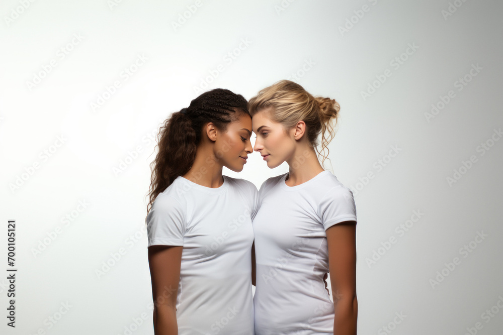Fototapeta premium Two lesbian multinational women in t-shirts hugging on white background