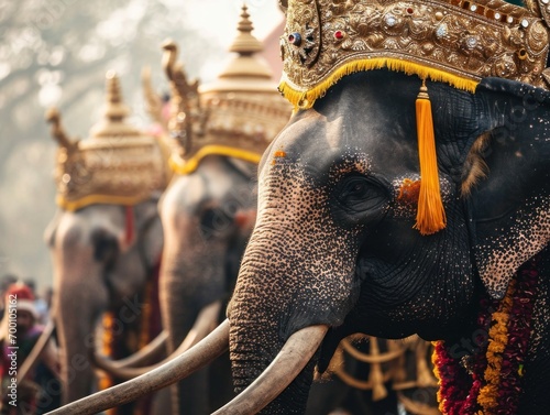 An elegantly decorated elephant with a golden headpiece stands proudly as part of a traditional ceremony, showcasing intricate details. photo