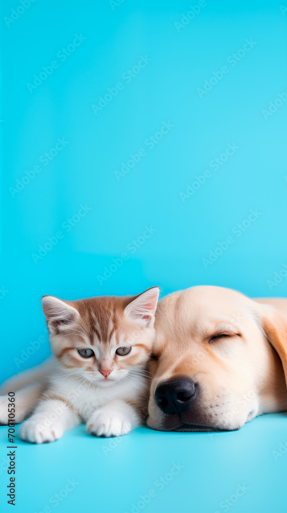 Golden retriever puppy hugs gray kitten isolated on blue background. Pets sleep together Golden retriever puppy hugs gray kitten isolated on blue background. Pets sleep together