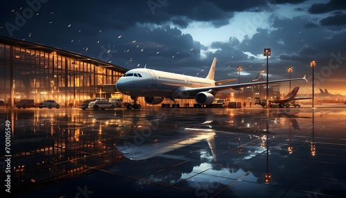 Airplane in the airport at night. 3d render illustration.