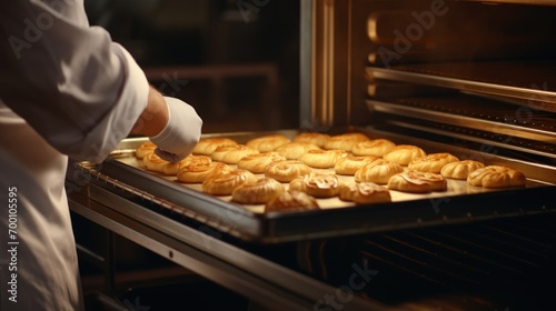 A baker's skilled hands carefully placing freshly baked puff pastries onto a tray, highlighting the precision and craft of the baking profession.