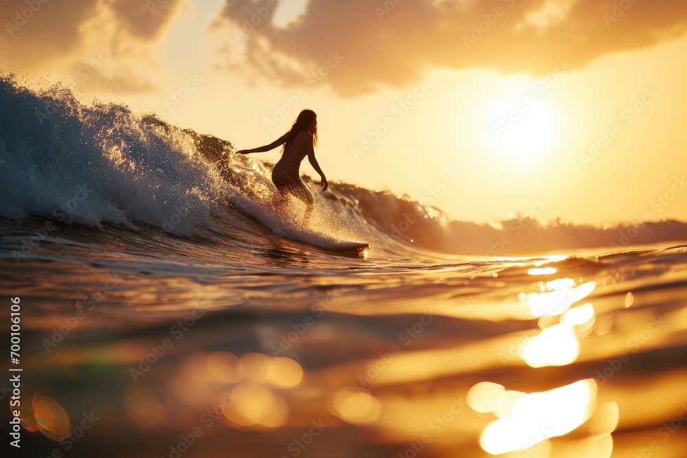 Woman surfing on a perfect wave at sunrise