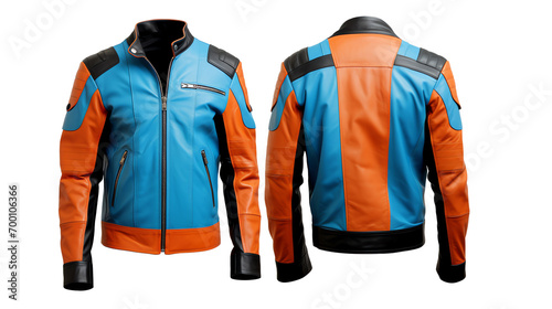 a blue and orange leather jacket