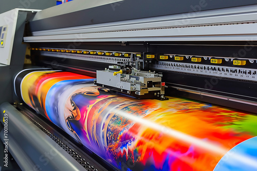 Large format printing machine in operation, an outdoor banner being printed on an industrial equipment, large format printers (LFPs)