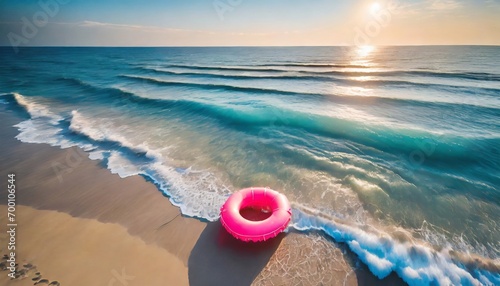 A bird's-eye view: Pink float resting on a sandy beach.