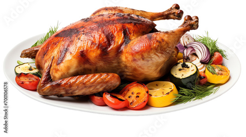 a roasted turkey with vegetables on a plate photo