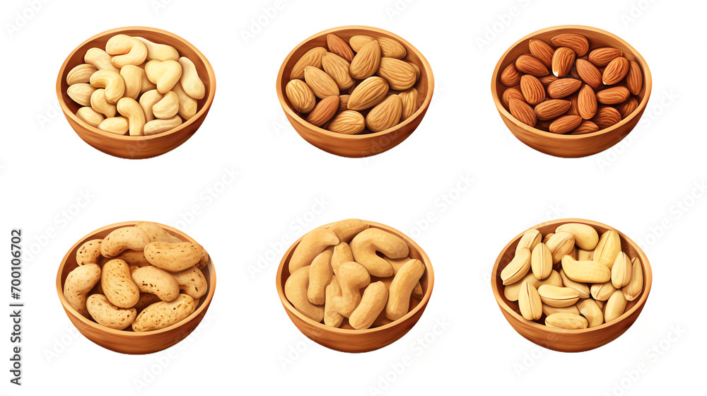 a group of bowls of nuts a group of bowls of nuts