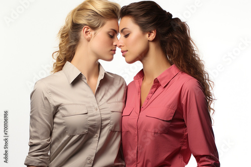 Portrait of two beautiful Caucasian lesbian women in casual shirts on a white background