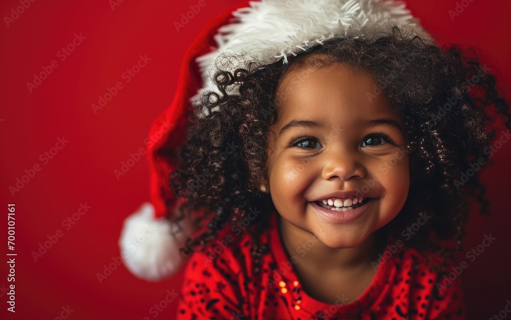 Happy African American baby wearing Santa hat in Christmas background Happy African American baby wearing Santa hat in Christmas background
