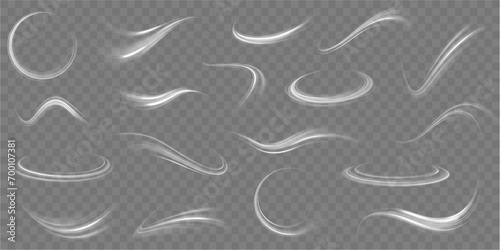 White shiny sparks of spiral wave. Imitation of the exit of cold air from the air conditioner. Vector illustration stream of fresh wind png. photo