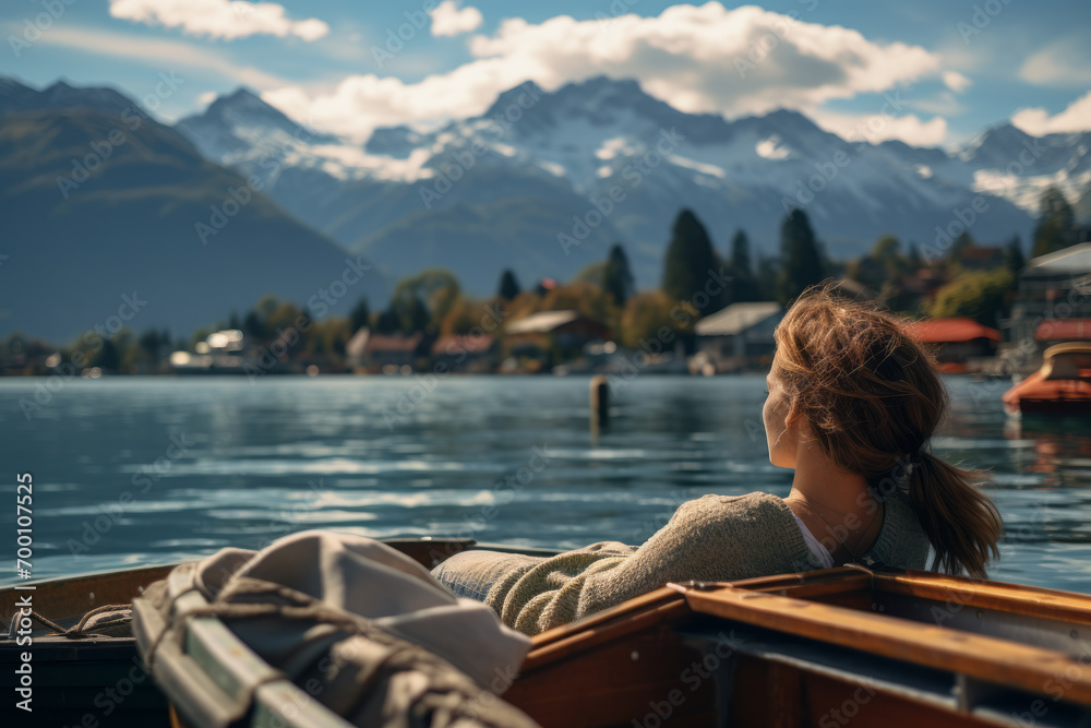Fototapeta premium A young beautiful woman lies on a yacht, resting.