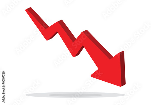 Red 3d arrow going down stock icon on white background. Bankruptcy, financial market crash icon for your web site design, logo, app, UI. graph chart downtrend symbol.chart going down sign.