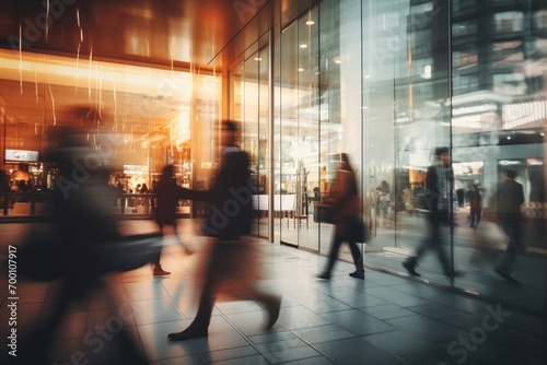 Natural bokeh of city centre view, blurred out of focus background. Abstract beautiful backdrop for text or advertising. Unfocused buildings and people