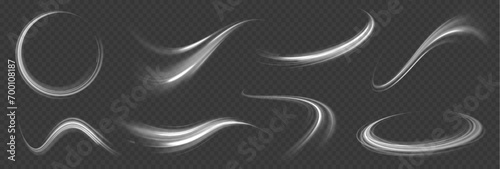 A large set of low-poly designs made of thin lines in the form of branches, spirals and arcs. Expressway, car headlight effect. Speed connection vector background.	