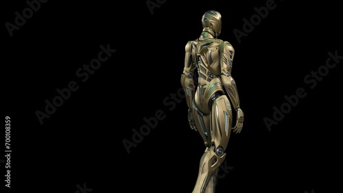 Futuristic alien robot walk or yellow humanoid cyborg steps from left to right side of the screen. Full body isolated on black background with alpha. 3d rendering animation