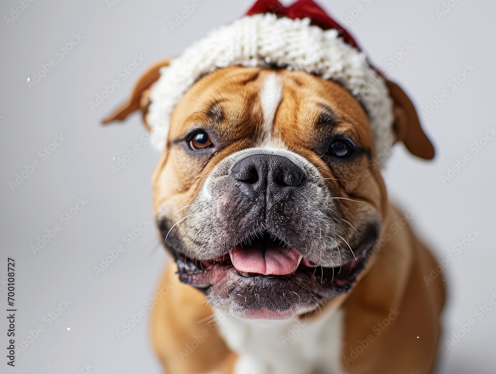 Bulldog smiling wearing a Christmas hat, portrait