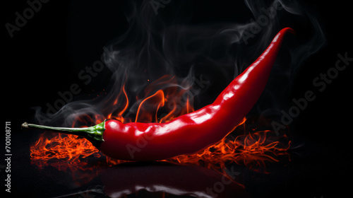 Red hot chili pepper in fire on dark black background