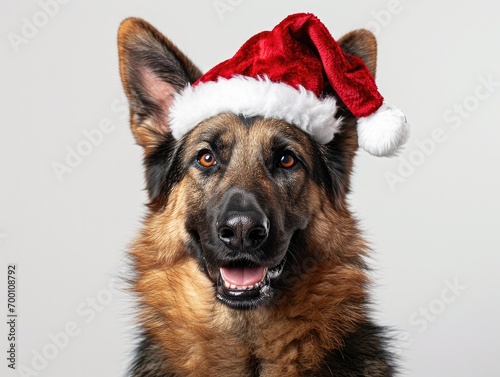 German Shepherd smiling wearing a Christmas hat, portrait,